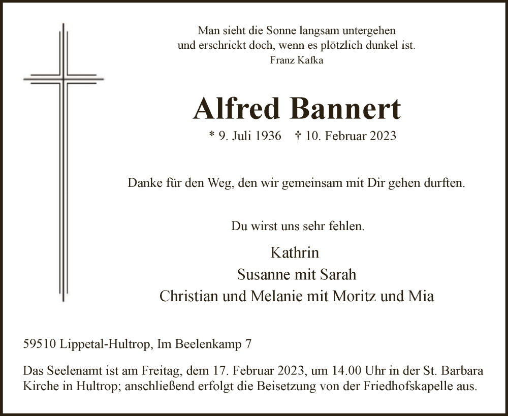  Traueranzeige für Alfred Bannert vom 14.02.2023 aus WA