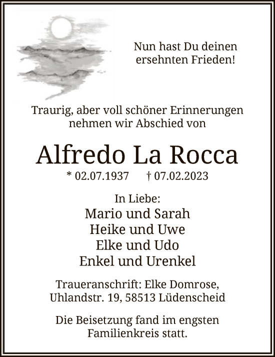 Traueranzeige von Alfredo La Rocca von WA