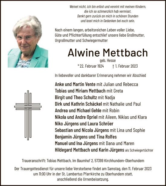Traueranzeige von Alwine Mettbach von WA