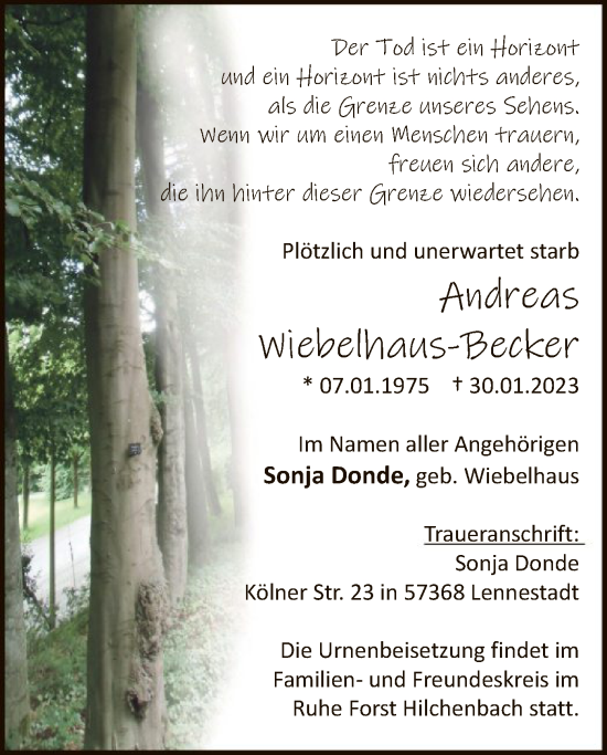Traueranzeige von Andreas Wiebelhaus-Becker von WA