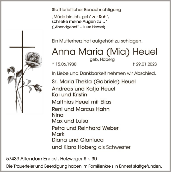 Traueranzeige von Anna Maria Heuel von WA