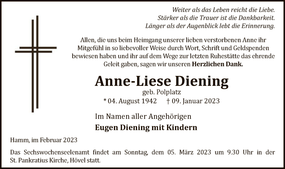 Traueranzeigen von Anne-Liese Diening | Trauer.nrw