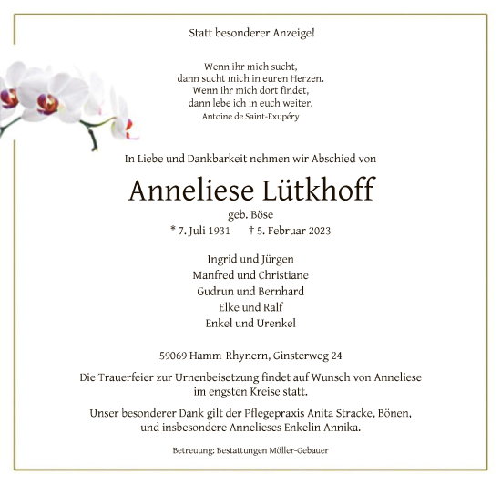 Traueranzeige von Anneliese Lütkhoff von WA