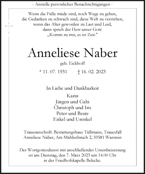 Traueranzeige von Anneliese Naber von WA
