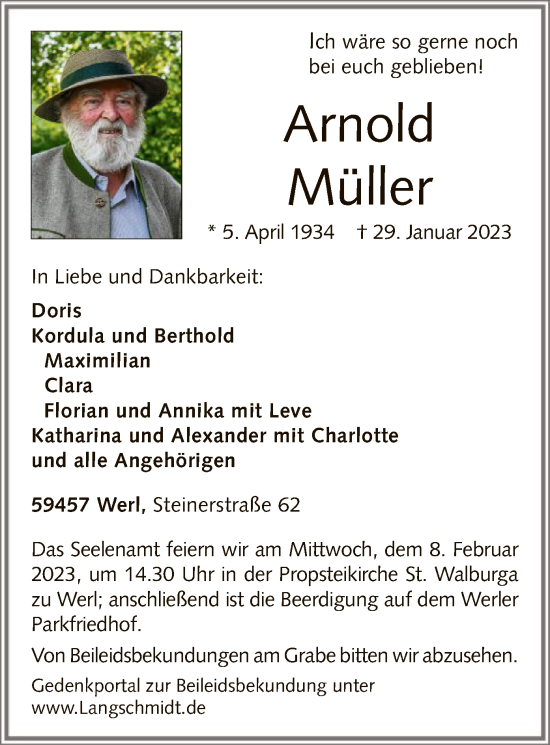 Traueranzeige von Arnold Müller von WA