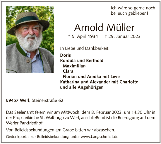 Traueranzeige von Arnold Müller von WA