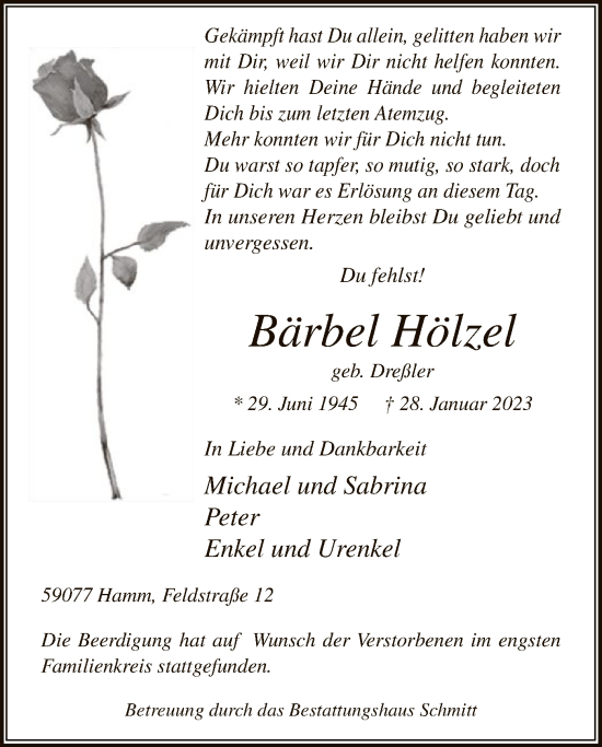 Traueranzeige von Bärbel Hölzel von WA