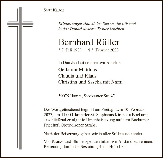 Traueranzeige von Bernhard Rüller von WA