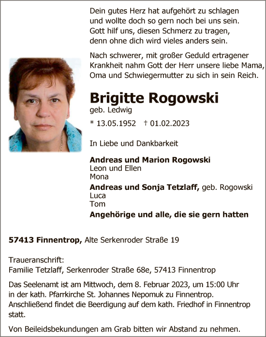 Traueranzeige von Brigitte Rogowski von WA