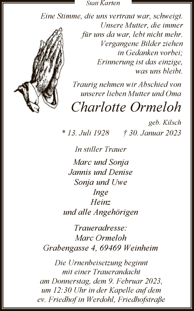  Traueranzeige für Charlotte Ormeloh vom 08.02.2023 aus WA