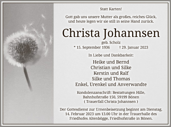 Traueranzeige von Christa Johannsen von WA