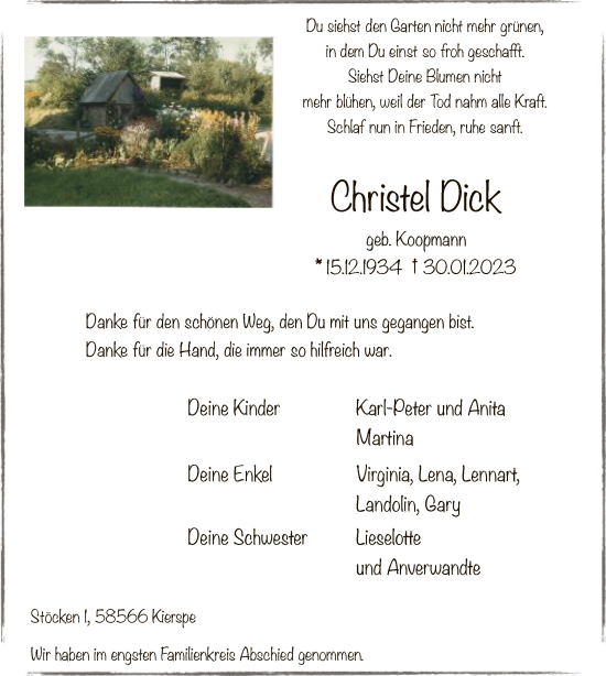 Traueranzeige von Christel Dick von WA