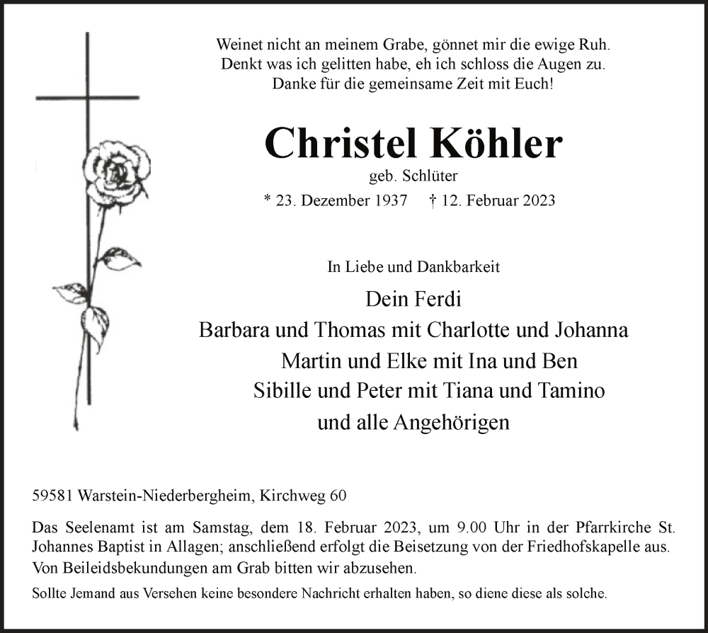  Traueranzeige für Christel Köhler vom 15.02.2023 aus WA