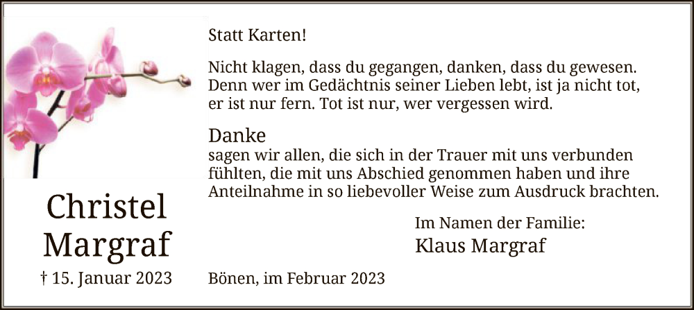  Traueranzeige für Christel Margraf vom 25.02.2023 aus WA