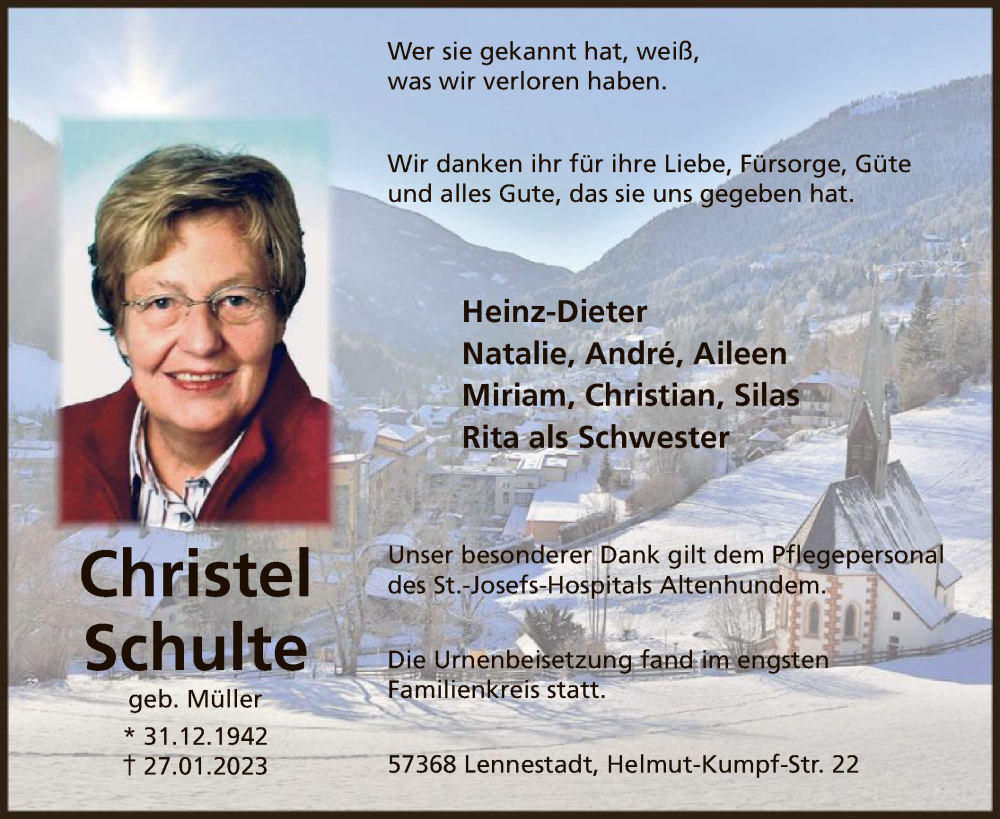 Traueranzeige für Christel Schulte vom 04.02.2023 aus WA
