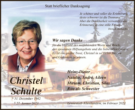 Traueranzeige von Christel Schulte von WA
