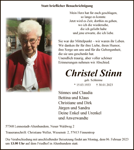Traueranzeige von Christel Stinn von WA