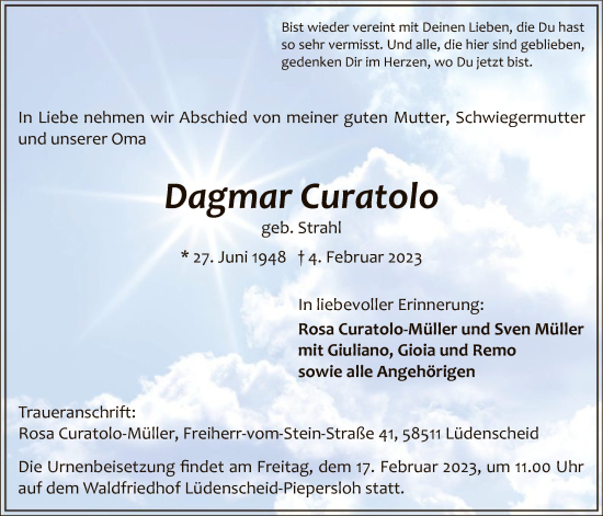 Traueranzeige von Dagmar Curatolo von WA