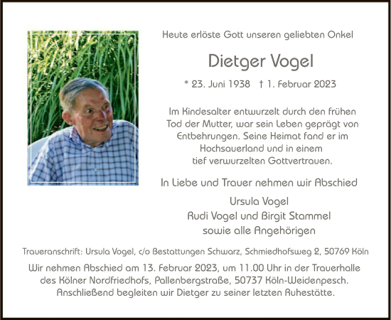 Traueranzeige von Dietger Vogel von WA