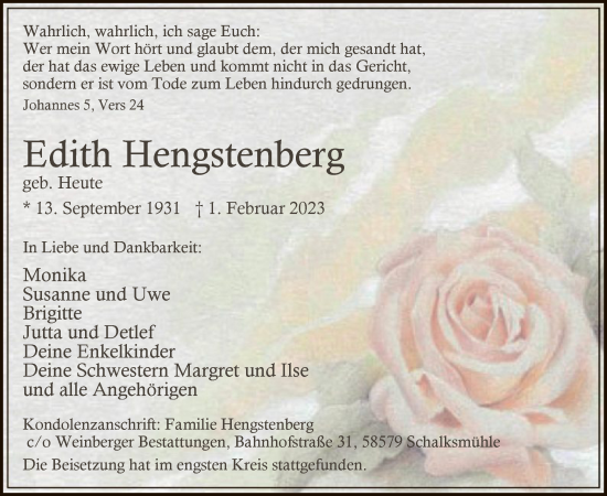 Traueranzeige von Edith Hengstenberg von WA