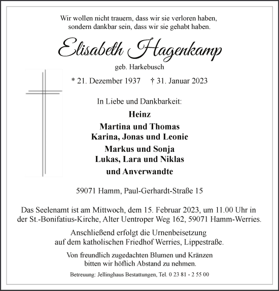 Traueranzeige von Elisabeth Hagenkamp von WA