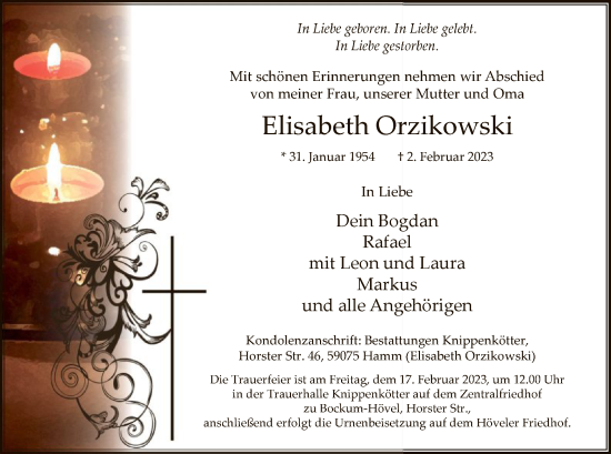 Traueranzeige von Elisabeth Orzikowski von WA
