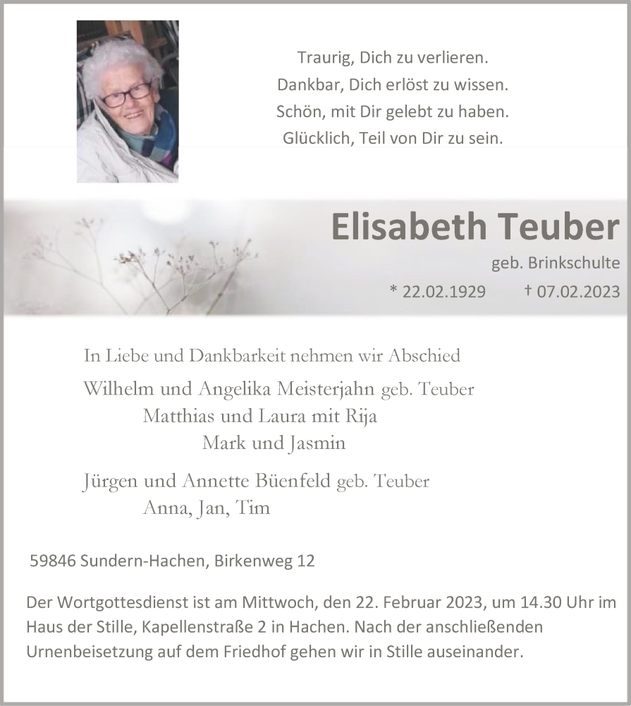  Traueranzeige für Elisabeth Teuber vom 18.02.2023 aus WA
