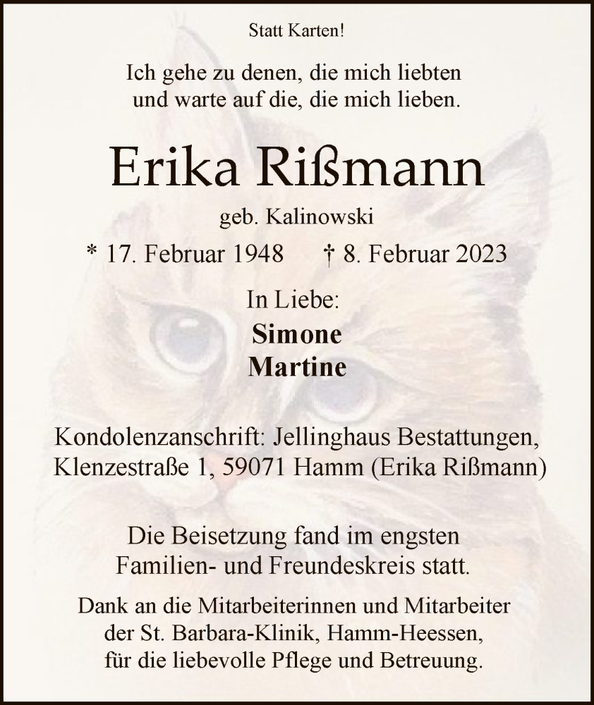  Traueranzeige für Erika Rißmann vom 23.02.2023 aus WA
