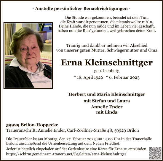 Traueranzeige von Erna Kleinschnittger von WA