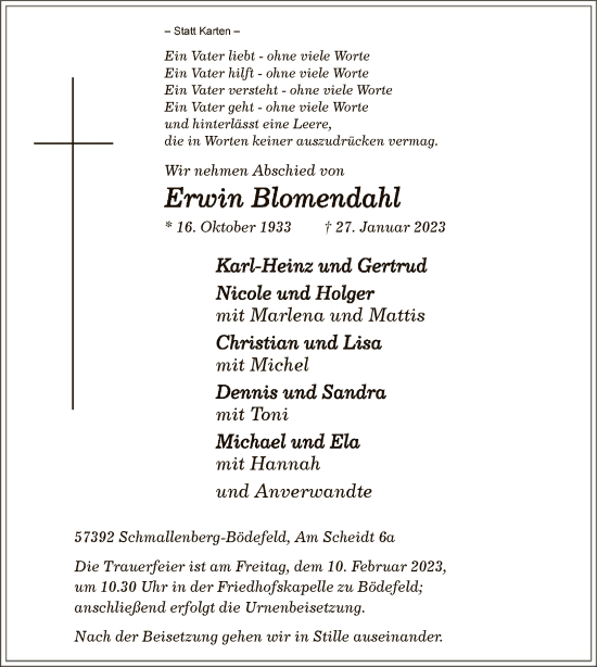 Traueranzeige von Erwin Blomendahl von WA