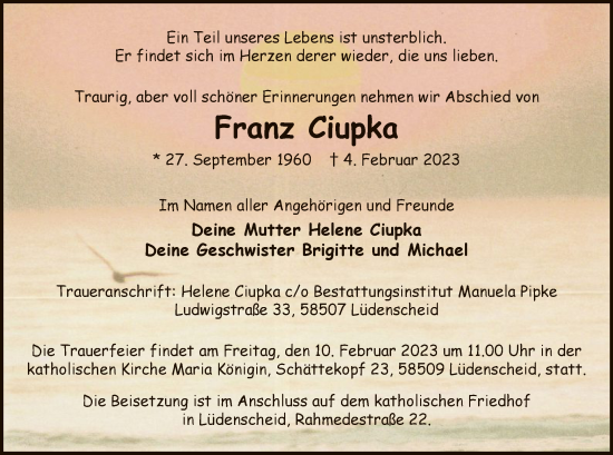Traueranzeige von Franz Ciupka von WA