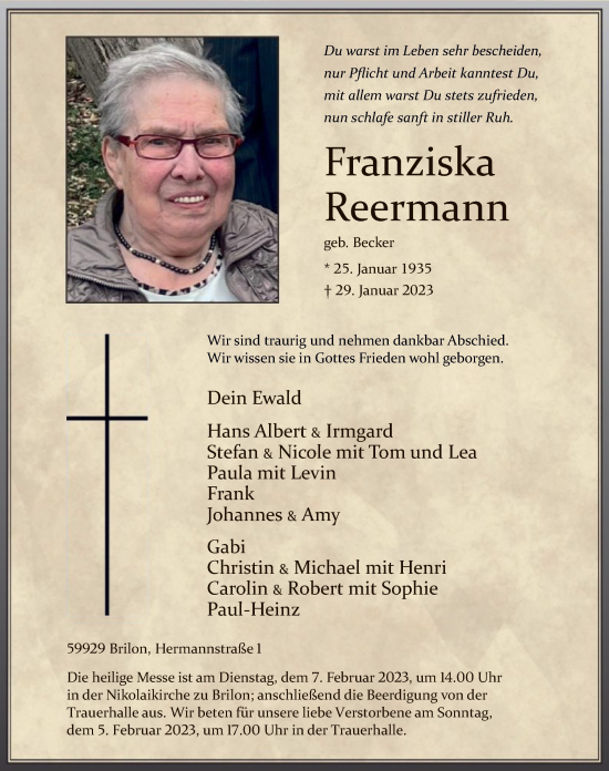 Traueranzeige von Franziska Reermann von WA