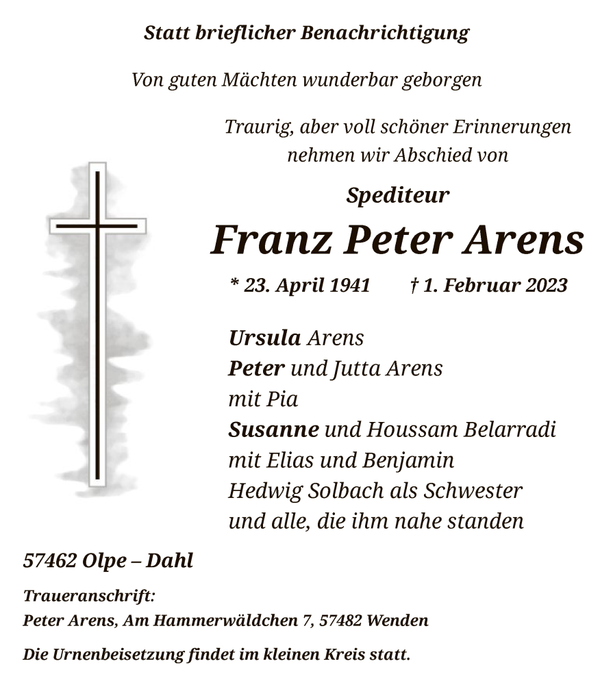  Traueranzeige für Franz Peter Arens vom 11.02.2023 aus WA
