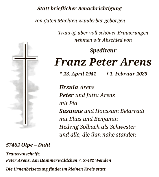 Traueranzeige von Franz Peter Arens von WA