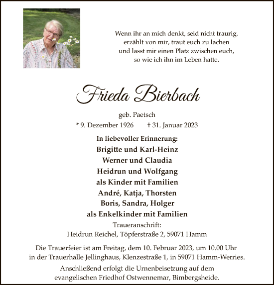 Traueranzeige von Frieda Bierbach von WA