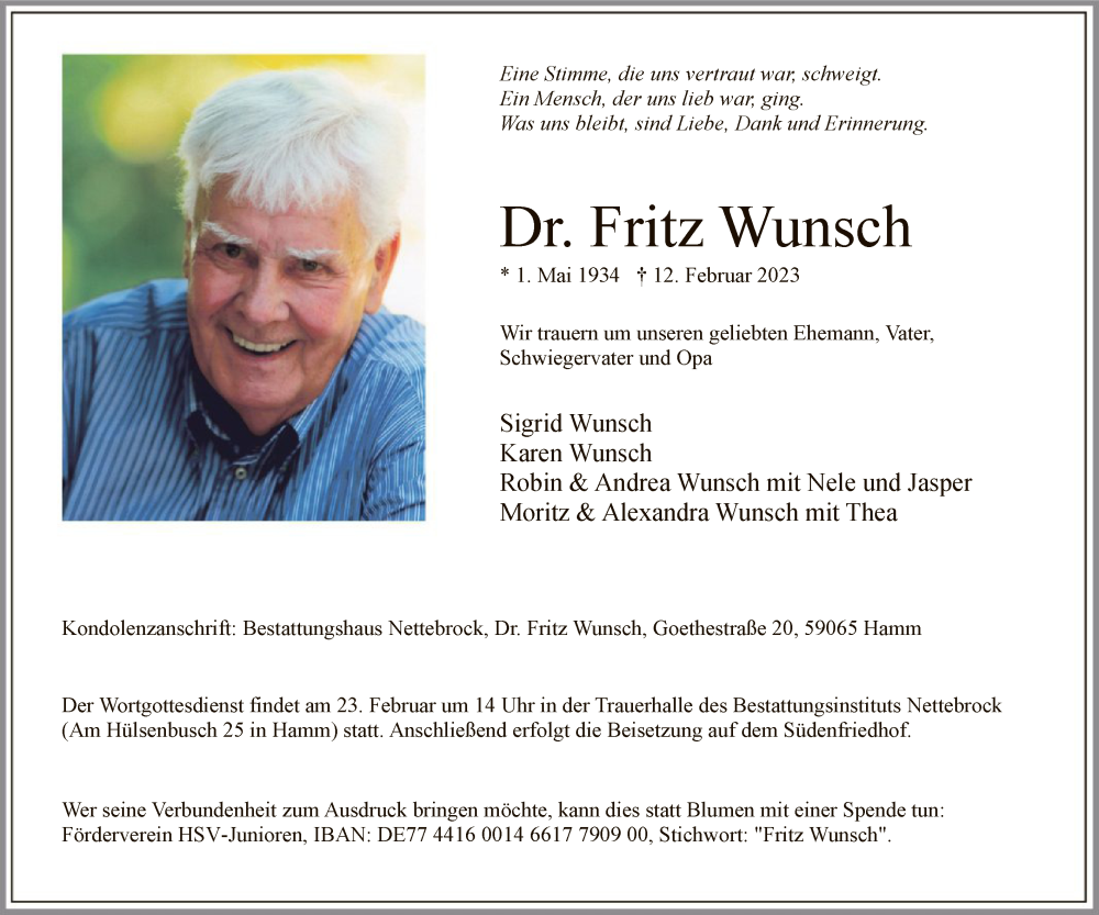  Traueranzeige für Fritz Wunsch vom 18.02.2023 aus WA