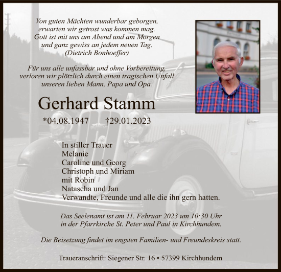 Traueranzeige von Gerhard Stamm von WA