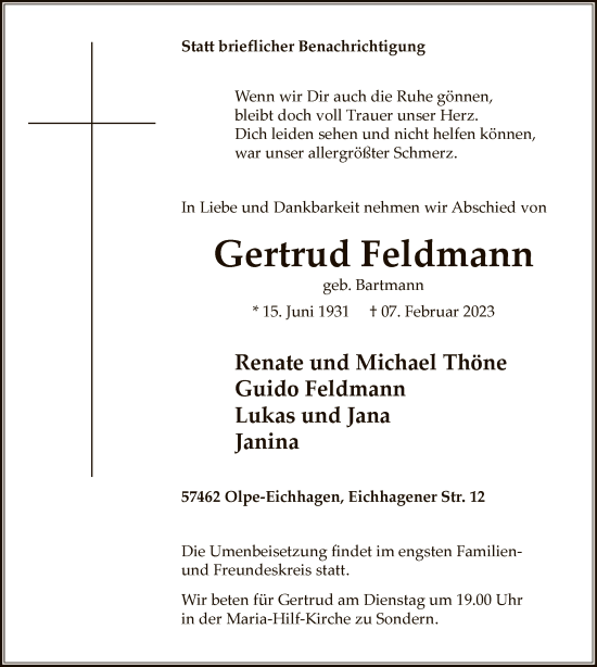 Traueranzeige von Gertrud Feldmann von WA