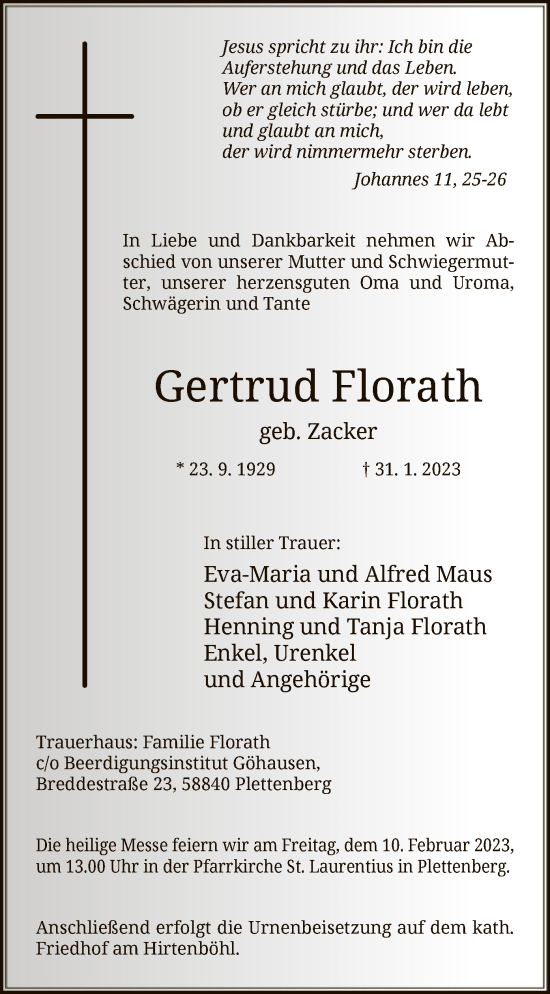 Traueranzeige von Gertrud Florath von WA