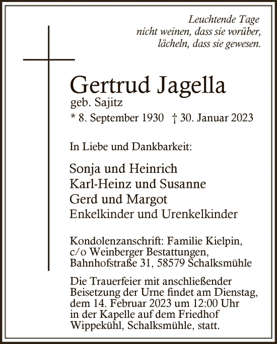 Traueranzeige von Gertrud Jagella von WA