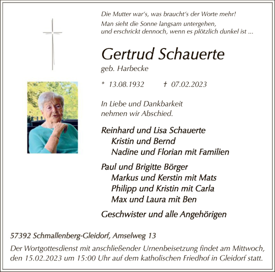 Traueranzeige von Gertrud Schauerte von WA