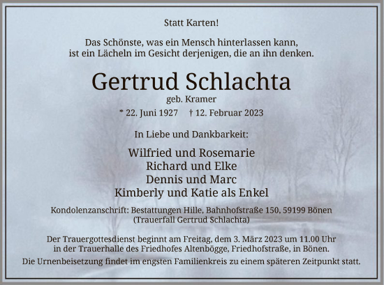 Traueranzeige von Gertrud Schlachta von WA