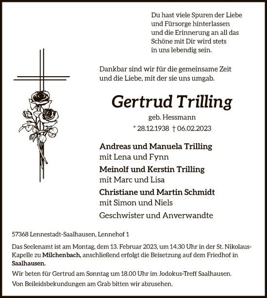 Traueranzeige von Gertrud Trilling von WA