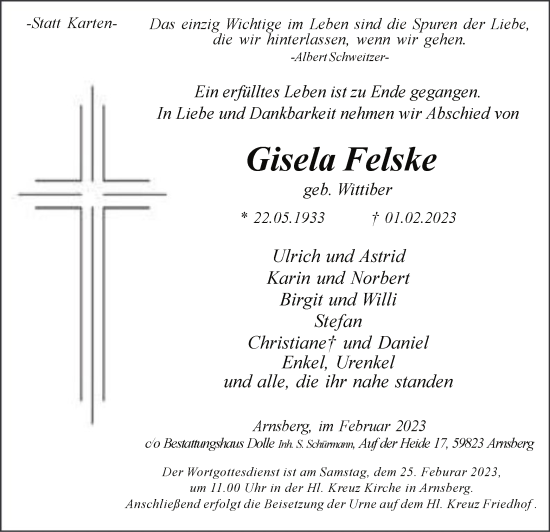 Traueranzeige von Gisela Felske von WA