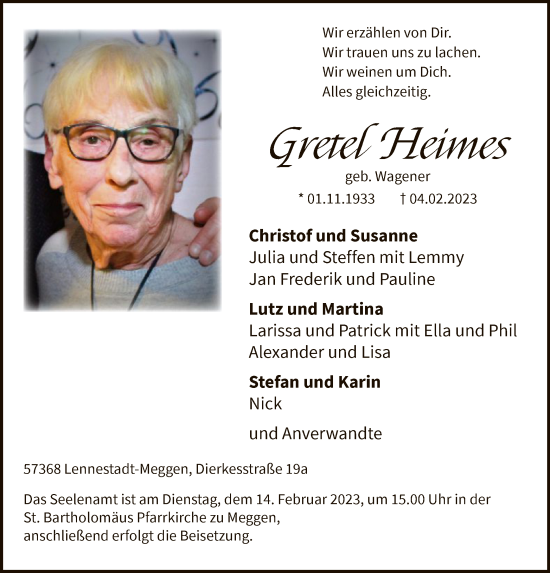 Traueranzeige von Gretel Heimes von WA