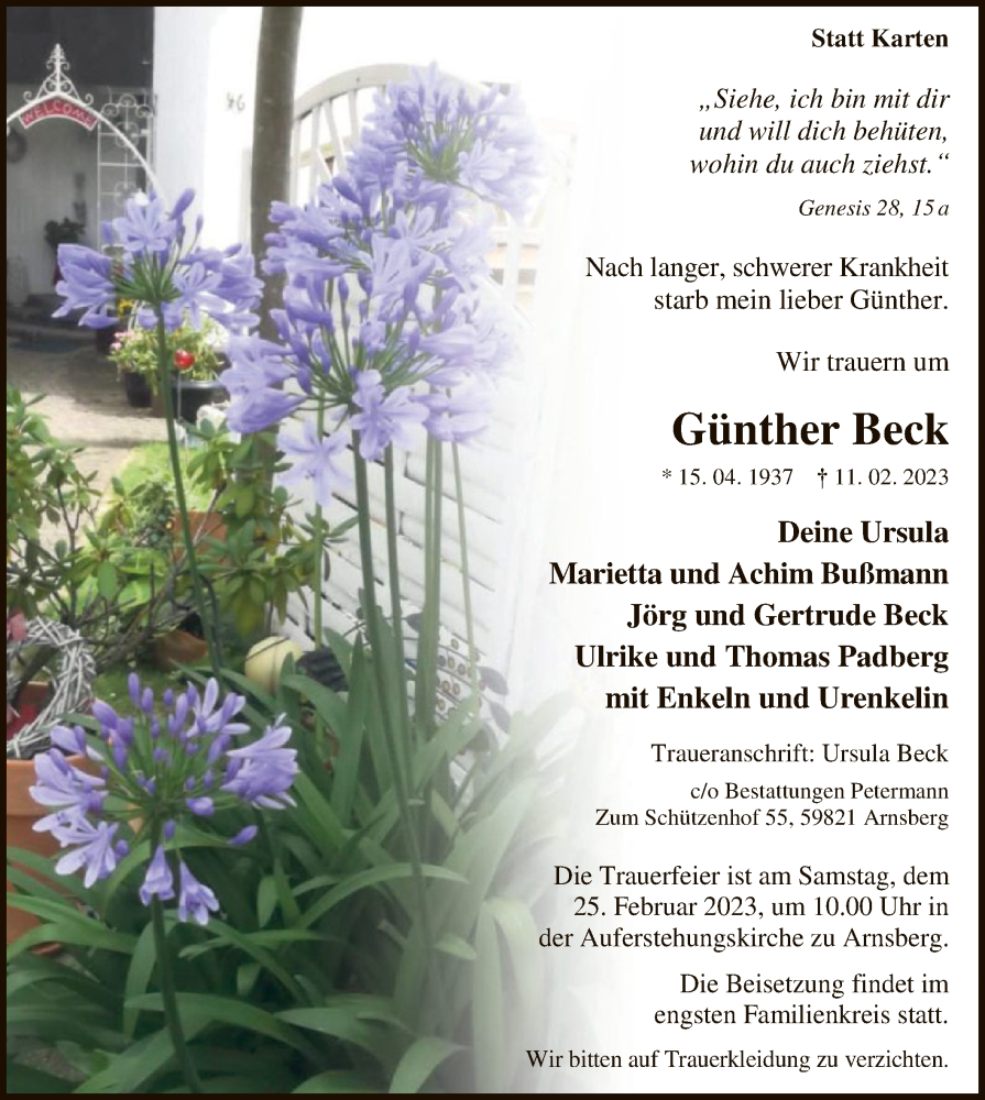  Traueranzeige für Günther Beck vom 18.02.2023 aus WA