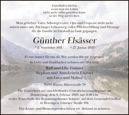Traueranzeige von Günther Elsässer von WA