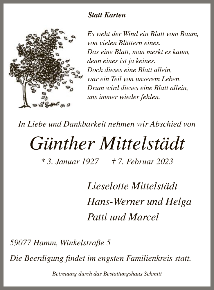  Traueranzeige für Günther Mittelstädt vom 18.02.2023 aus WA
