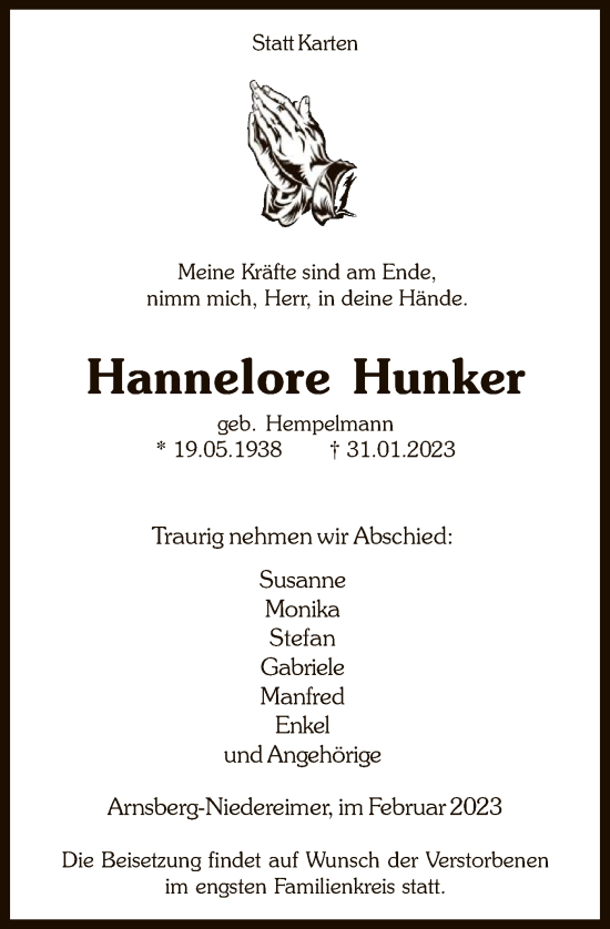 Traueranzeige von Hannelore Hunker von WA