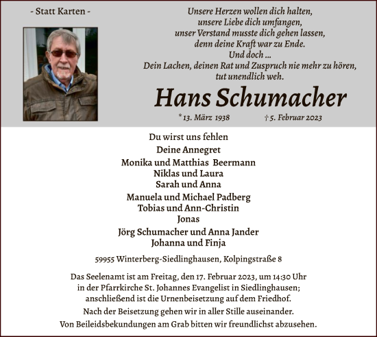 Traueranzeige von Hans Schumacher von WA